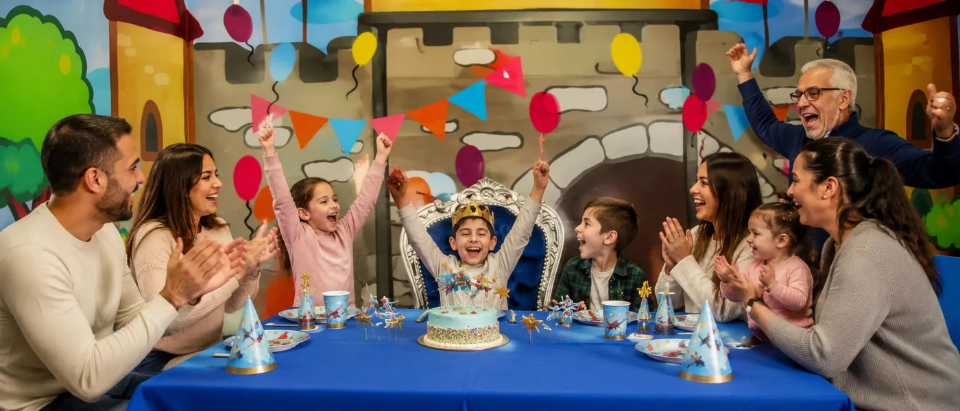 Familie feiert Kindergeburtstag im Superland mit Krone, Torte und Wimpelkette